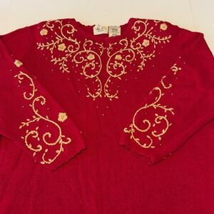 Kathie Lee Woman Red Embroidered Beaded Floral‎ Knit Sweater Plus Size 22W 24W